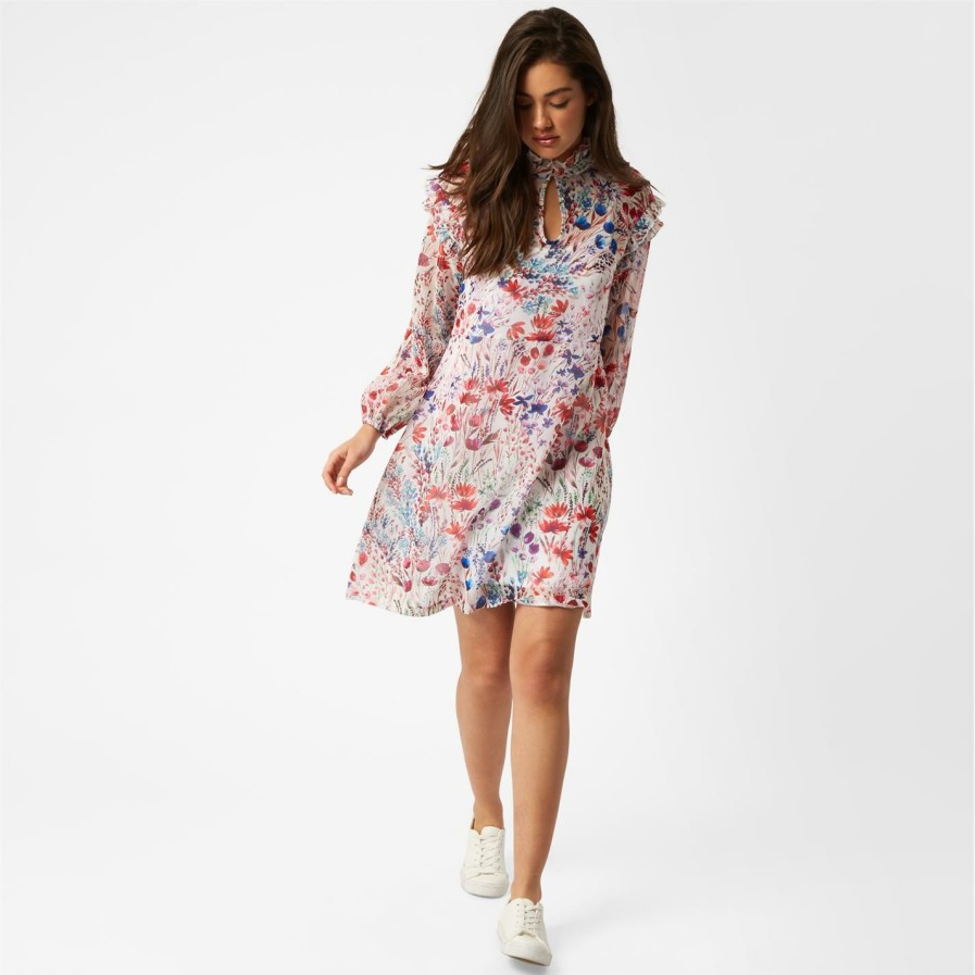 Best * James Lakeland Ruffle Long Sleeve Floral Mini Dress